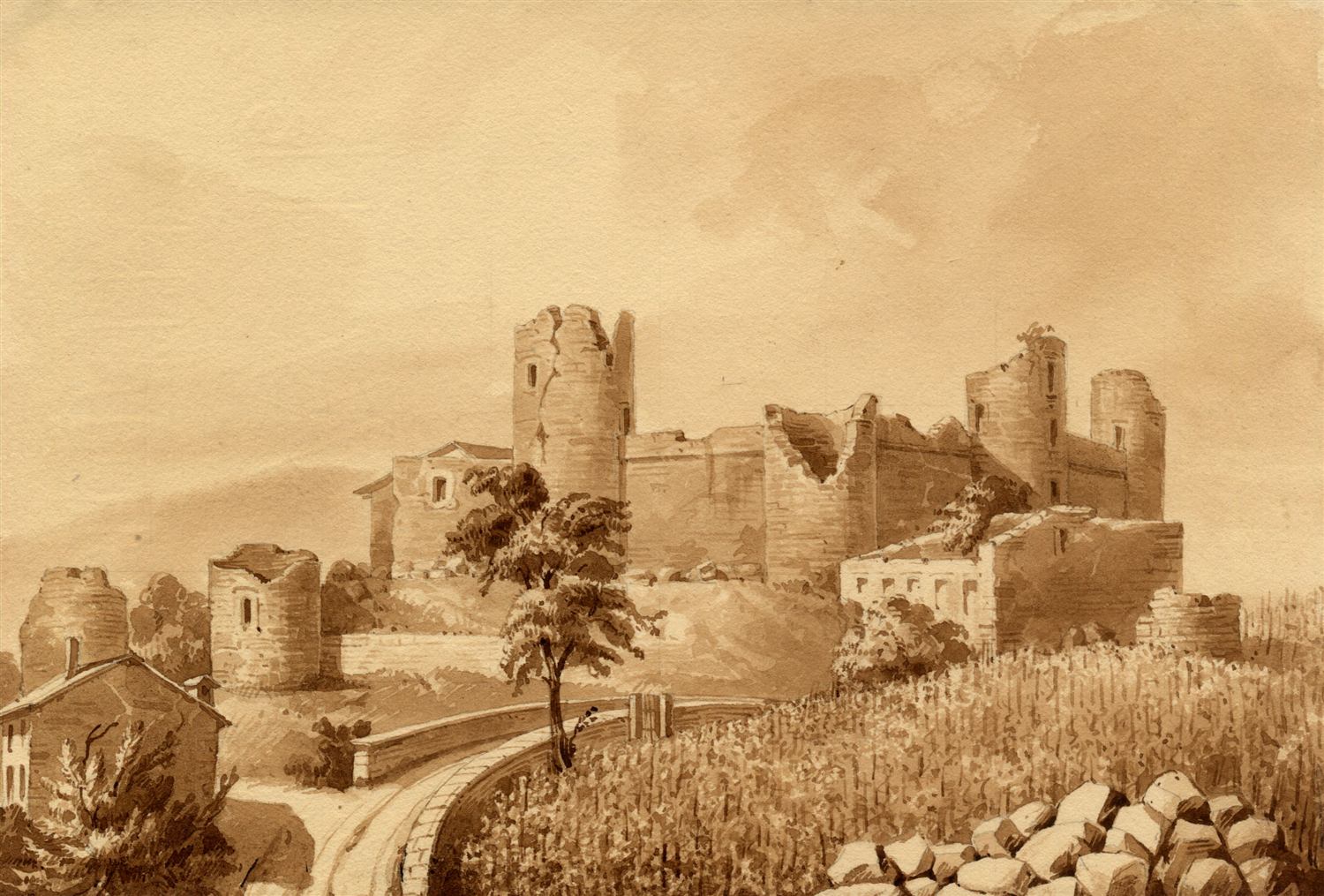 Vue ancienne du château depuis la campagne